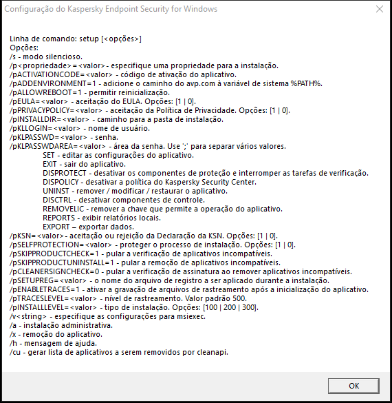 Janela de dica de ferramenta descrevendo as opções de comando para instalar o aplicativo por meio de CMD.