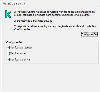 Extensão da Kaspersky para a janela do Outlook. O usuário pode configurar a verificação de mensagens quando recebidas, lidas ou enviadas.