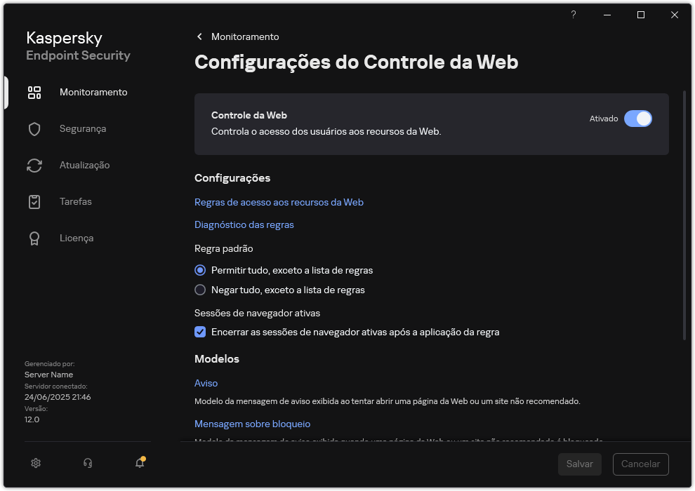 Janela de configurações do Controle da Web.