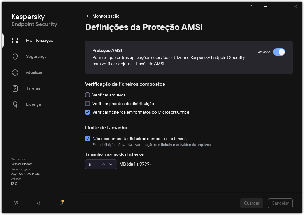 Janela de definições de Proteção AMSI.