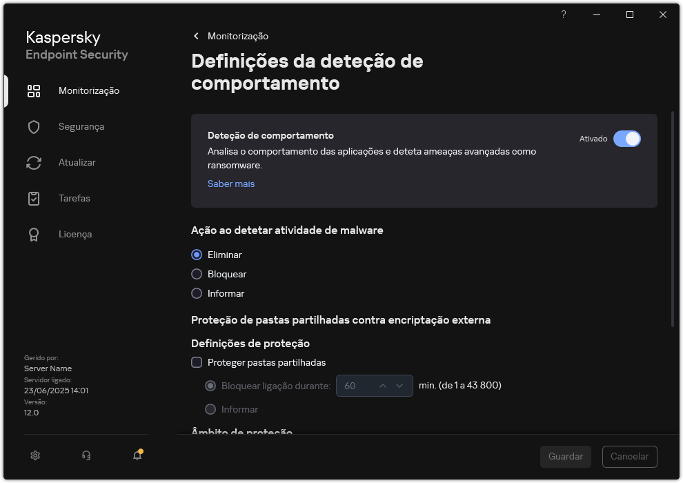 Janela de definições de Deteção de comportamento.