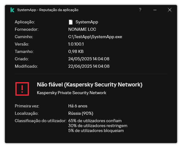A janela contém informações sobre a reputação do ficheiro e outros dados, como a presença de uma assinatura digital.