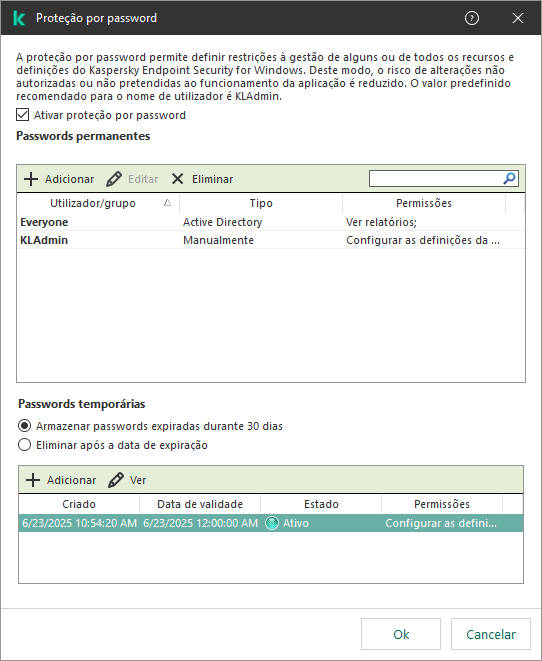 Janela de gestão de passwords temporárias.