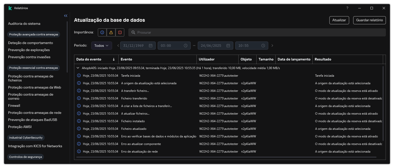 Uma janela com a lista de eventos no relatório. O utilizador pode filtrar/ordenar eventos e guardar relatórios num ficheiro.
