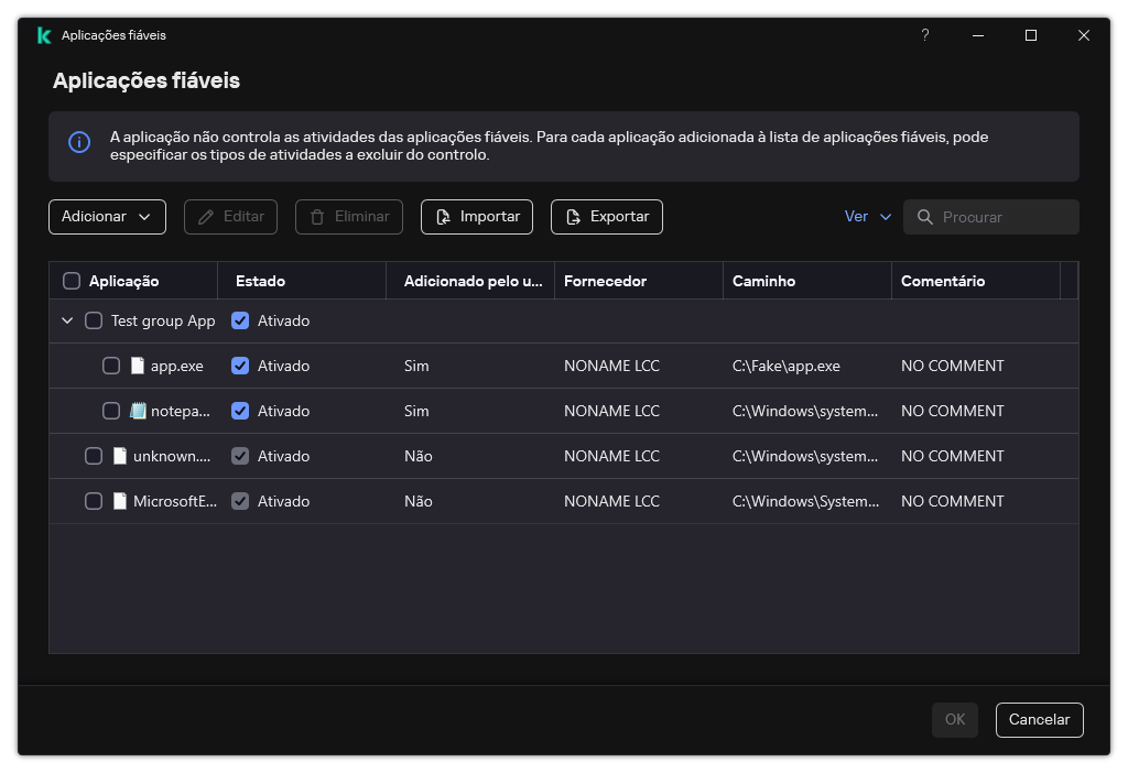 Uma janela com a lista de aplicações fiáveis. O utilizador pode adicionar, editar ou remover uma aplicação fiável.