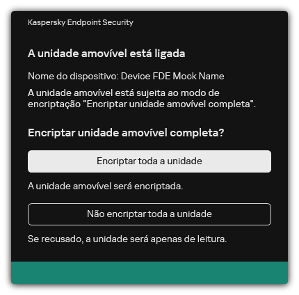 Notificação sobre uma unidade ligada com encriptação de ficheiro ativada. O utilizador pode encriptar ficheiros ou recusar.