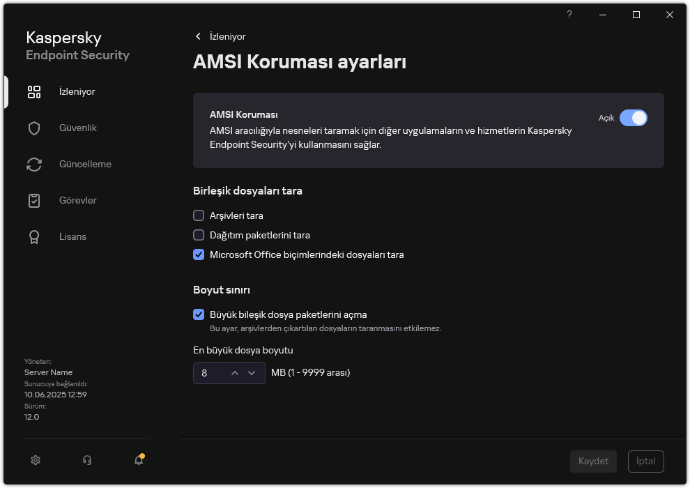 AMSI Koruma ayarları penceresi.