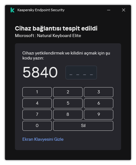 Klavye yetkilendirme kodunun ve Ekran Klavyesinin bulunduğu pencere. Kullanıcı kodu girebilir.