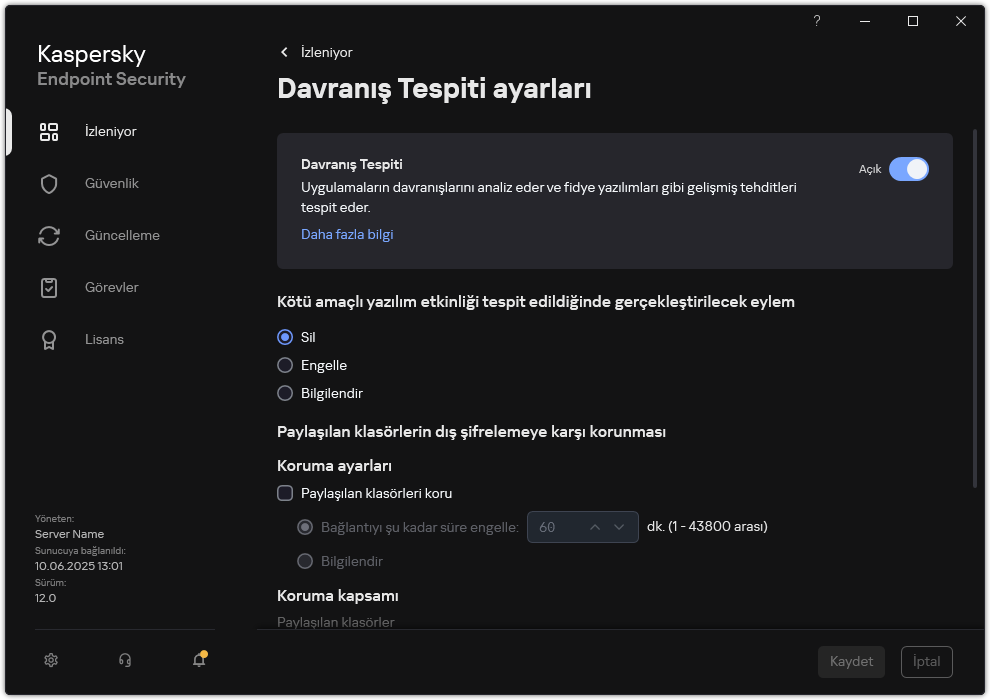 Davranış Tespiti ayarları penceresi.