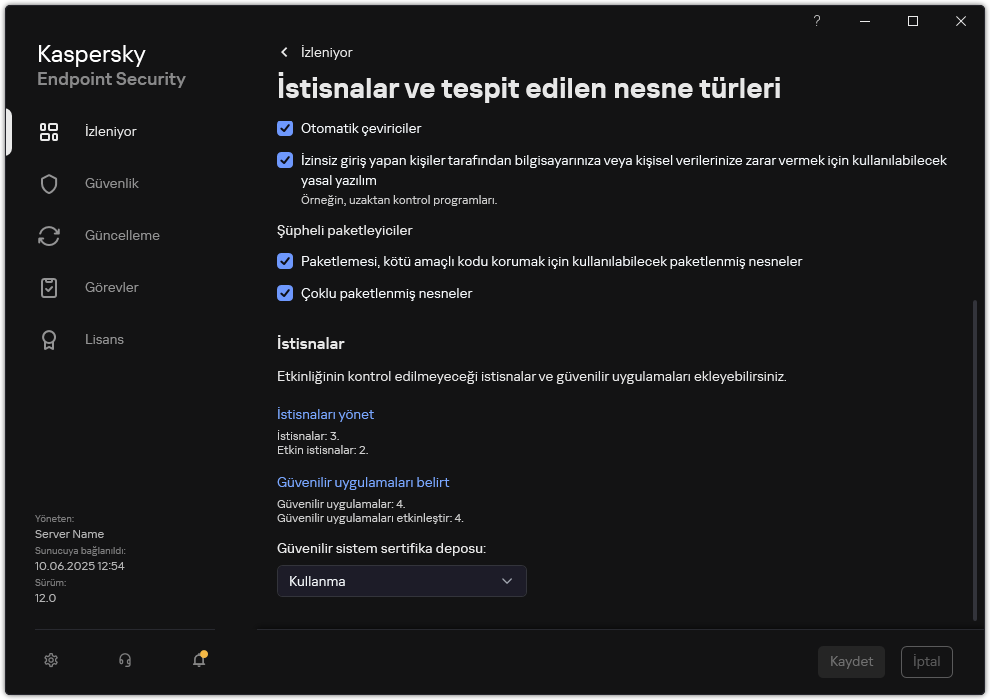 İstisna ayarları penceresi. Kullanıcı, istisnalar ve güvenilir uygulamalar ekleyebilir.
