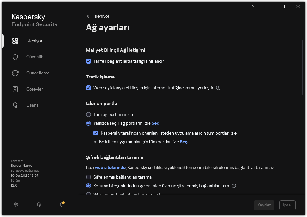 Uygulama ağ ayarları penceresi.