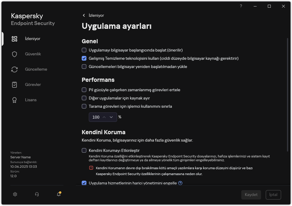 Uygulama ayarları penceresi. Kullanıcı performans, kendini savunma ve diğer ayarları yapılandırabilir.