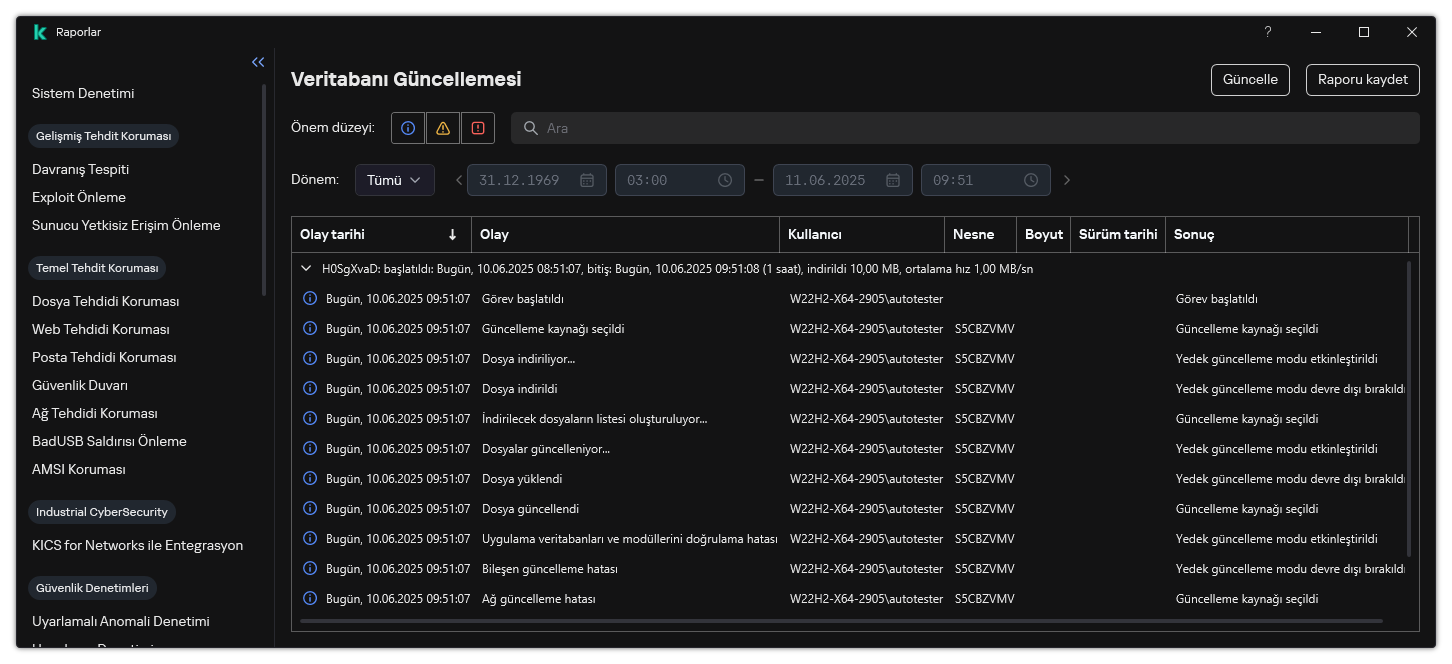 Rapordaki olayların listesini içeren bir pencere. Kullanıcı olayları filtreleyebilir/sıralayabilir ve raporları bir dosyaya kaydedebilir.