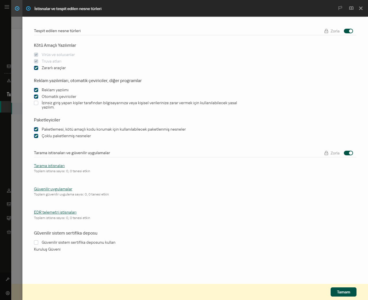 İstisna ayarları penceresi. Kullanıcı, istisnalar ve güvenilir uygulamalar ekleyebilir.