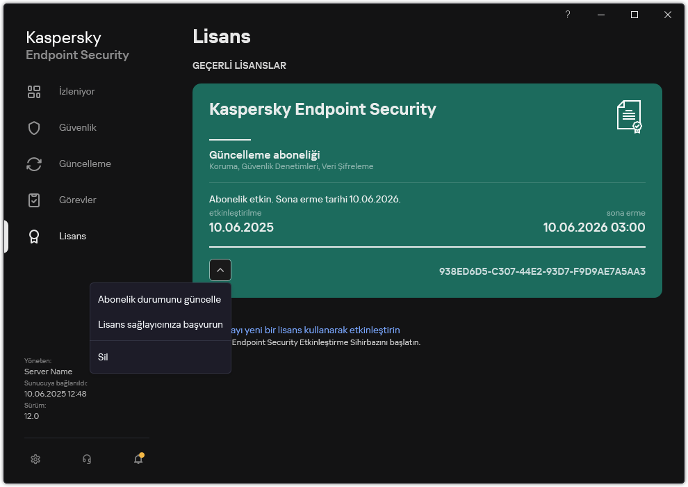 Lisans hakkında bilgi içeren pencere. Kullanıcı, abonelik durumunu güncelleyebilir, abonelik sağlayıcısıyla iletişime geçebilir veya lisansı kaldırabilir.