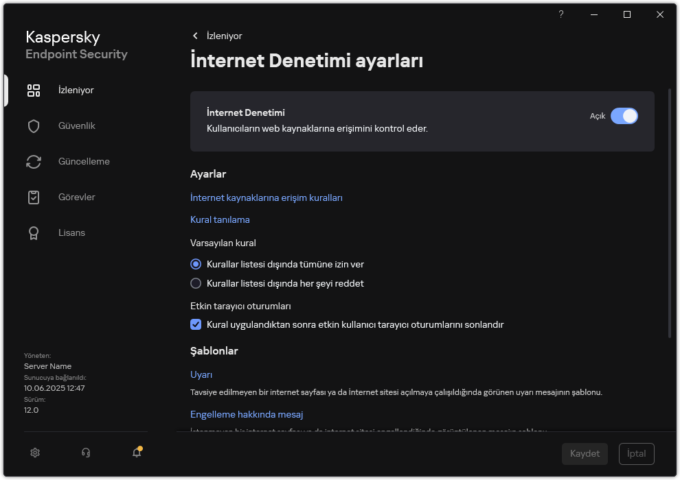 İnternet Denetimi ayarları penceresi.