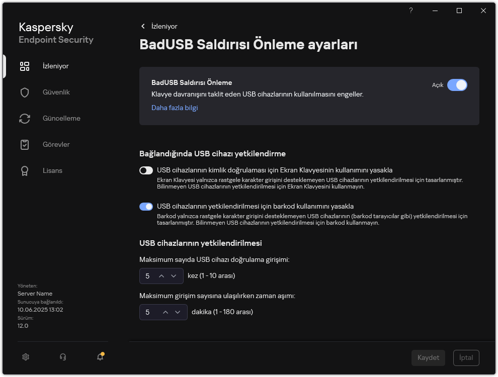 BadUSB Saldırısı Önleme ayarları penceresi.
