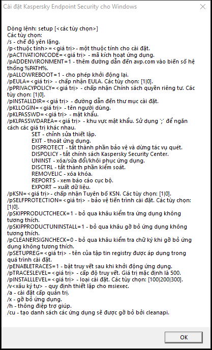 Cửa sổ chú giải công cụ, mô tả các tùy chọn lệnh để cài đặt ứng dụng qua CMD.