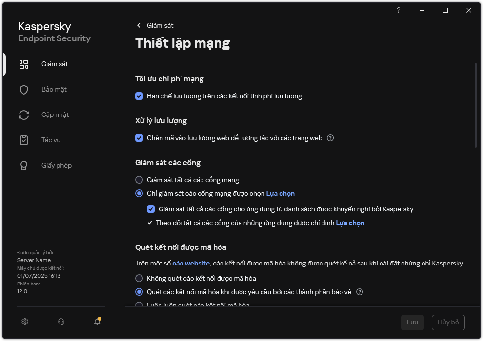 Cửa sổ thiết lập mạng ứng dụng.