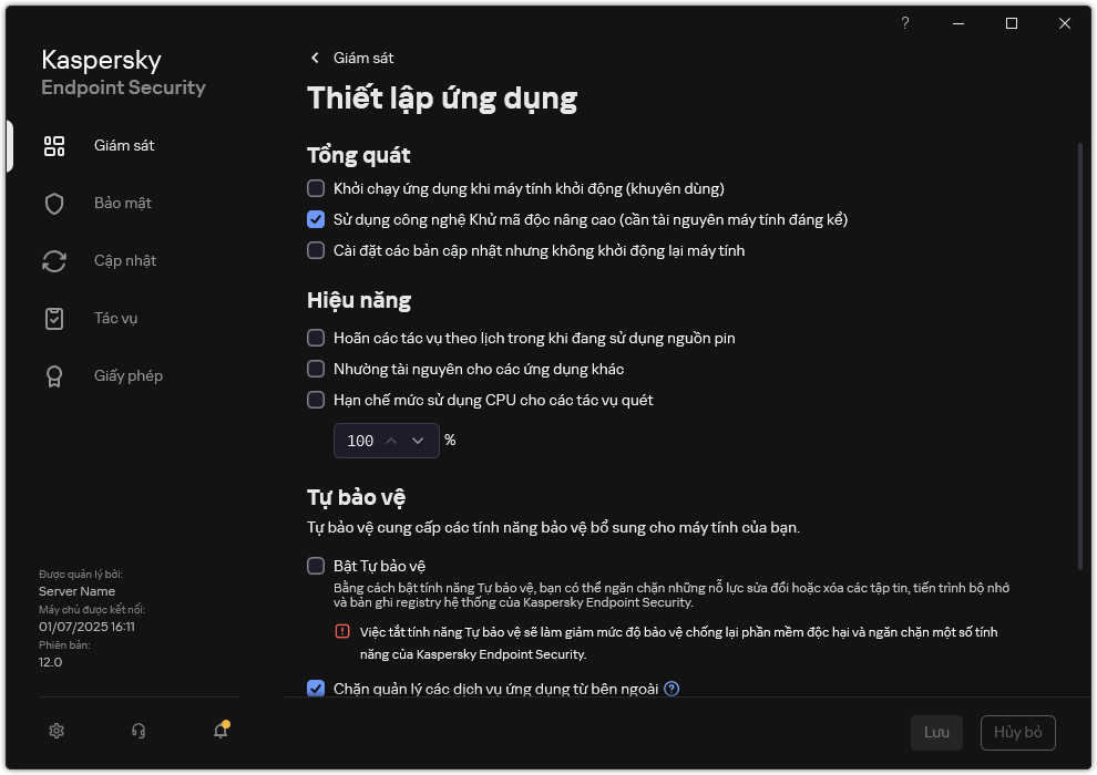 Cửa sổ thiết lập ứng dụng. Người dùng có thể cấu hình hiệu năng, tự bảo vệ và các thiết lập khác.