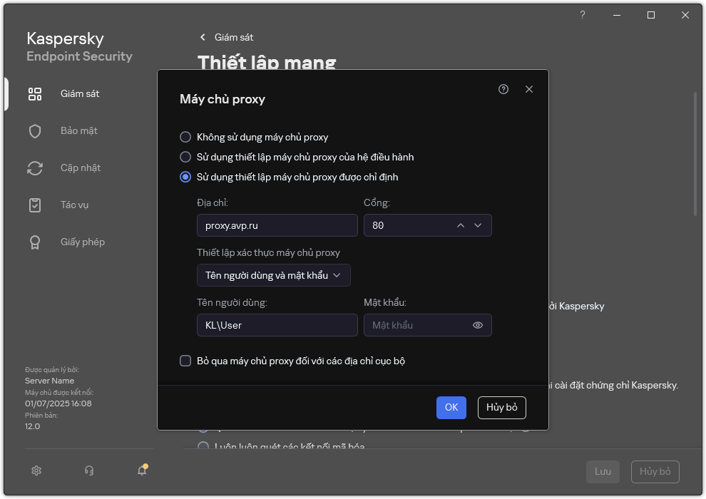Cửa sổ để cấu hình kết nối máy chủ proxy. Người dùng có thể đặt địa chỉ của máy chủ proxy và thông tin đăng nhập để kết nối với máy chủ proxy.
