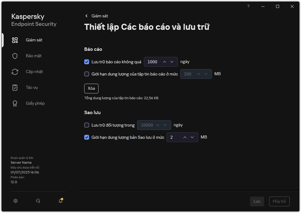 Cửa sổ thiết lập Các báo cáo và lưu trữ. Người dùng có thể thiết lập kích thước và giới hạn thời gian lưu trữ các báo cáo, đối tượng trong kho.