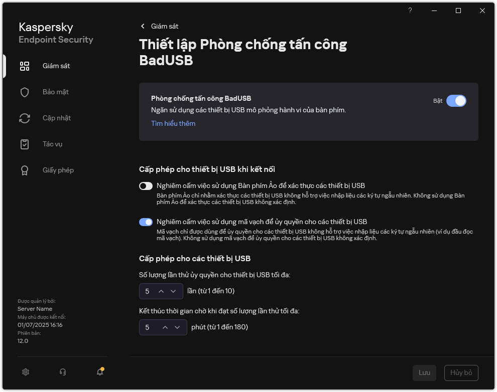 Cửa sổ thiết lập Phòng chống tấn công BadUSB.