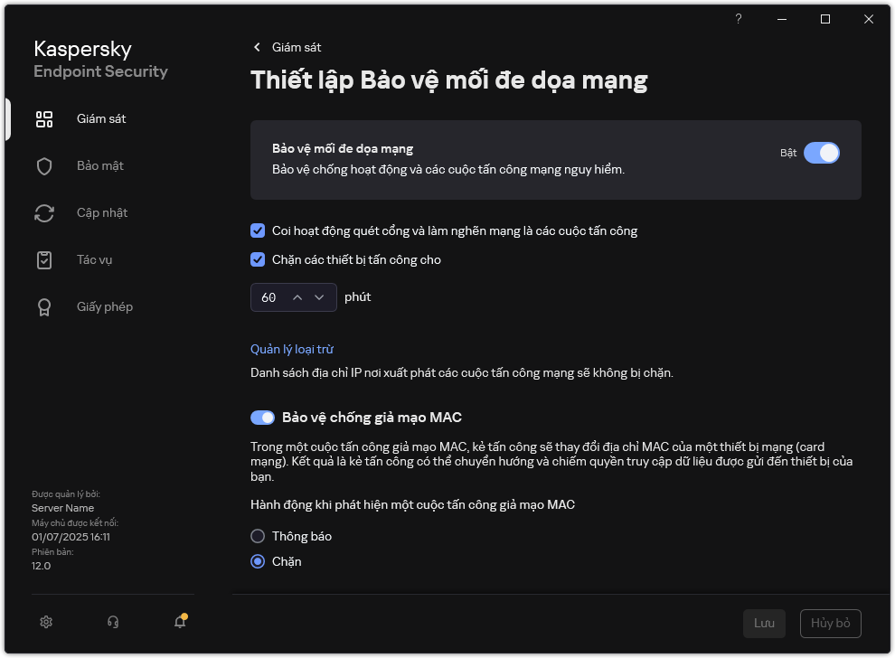 Cửa sổ thiết lập Bảo vệ mối đe dọa mạng