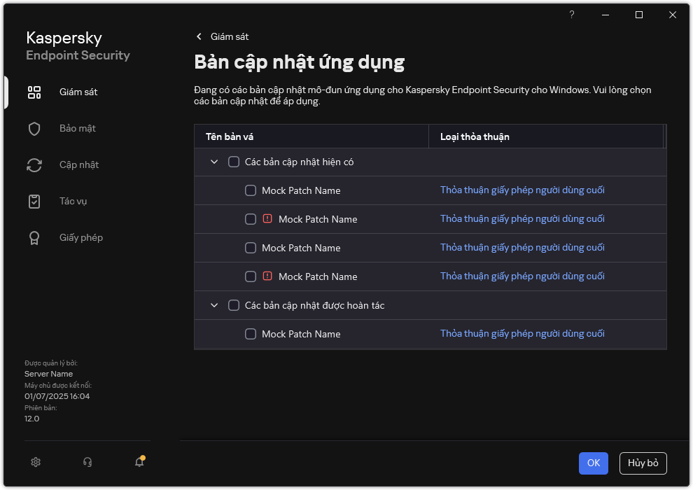 Cửa sổ chứa danh sách các bản vá khả dụng. Người dùng có thể chọn bản vá và chấp nhận các điều khoản và điều kiện của thỏa thuận.