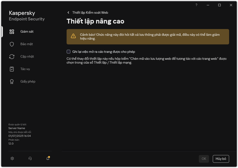 Cửa sổ thiết lập nâng cao của Kiểm soát web.