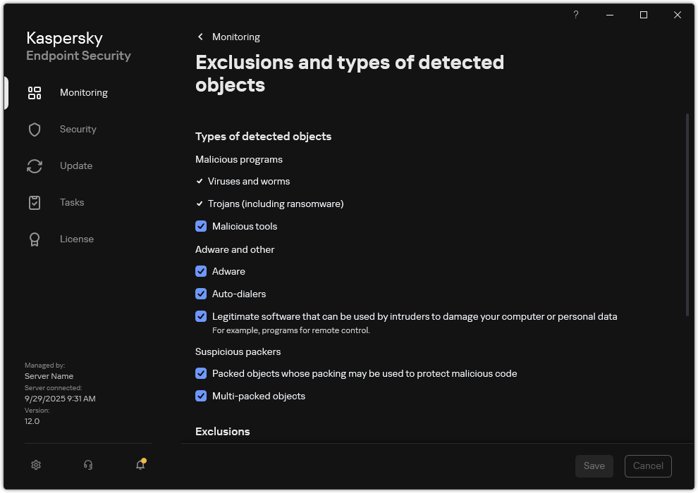 Exclusion settings window. The user can select types of detected objects and add objects to exclusions.