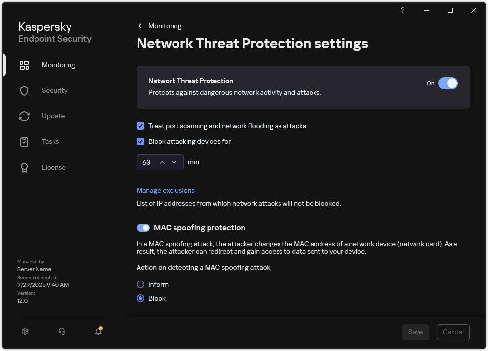 Network Threat Protection settings window