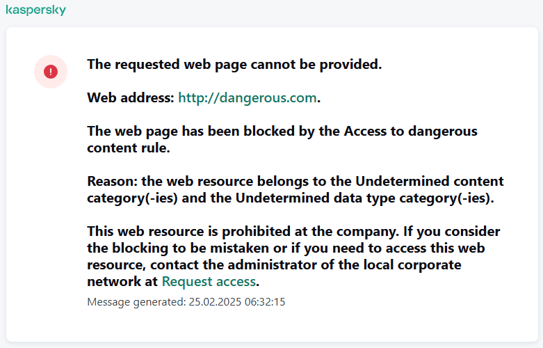 Notification about visiting a website blocked by Web Control. The user can create a request to access the web resource.