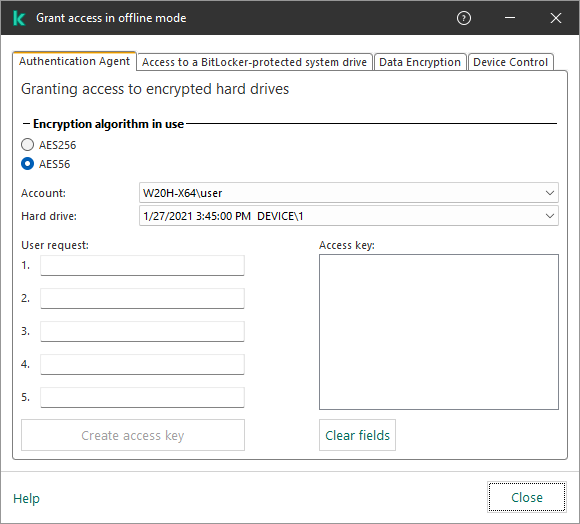 A window with fields for entering the content of the user request and a field for the generated key to access the encrypted disk.
