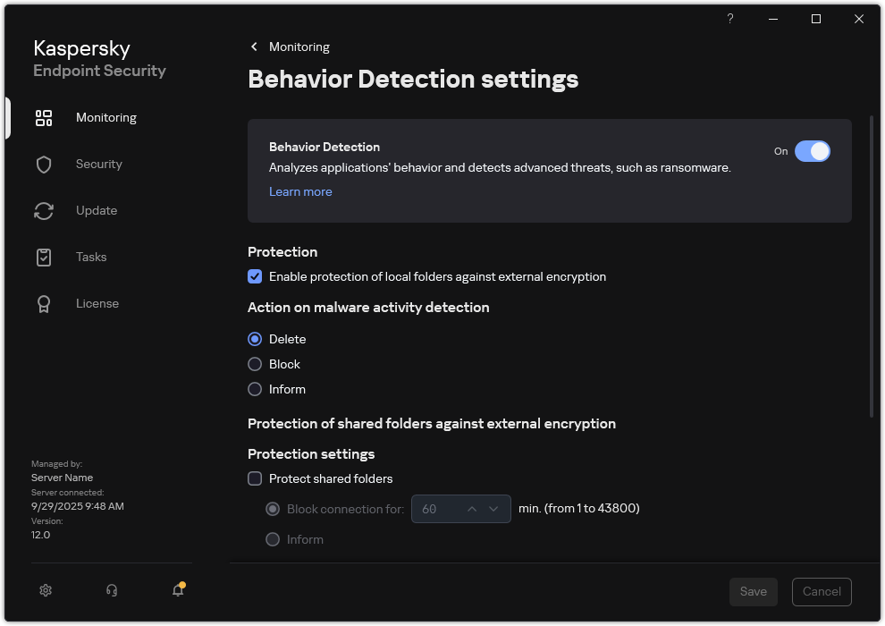 Behavior Detection settings window.