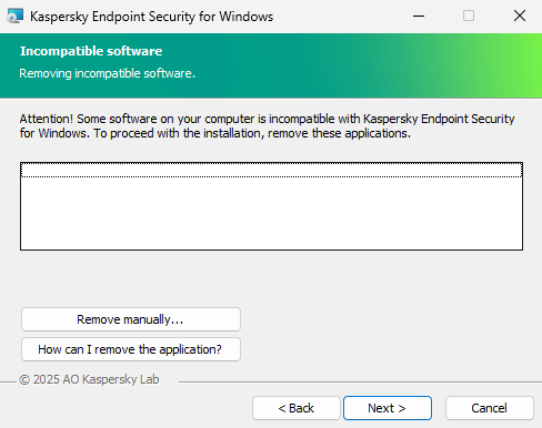 Installer window with a list of incompatible software. The user can launch the removal of incompatible software.