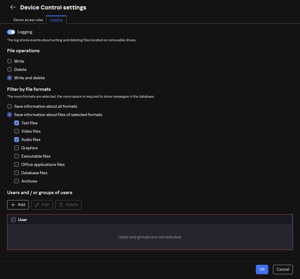 The window for configuring the logging of events about the use of removable drives. The user can select the events to be logged.