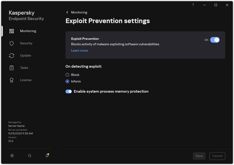 Exploit Prevention settings window