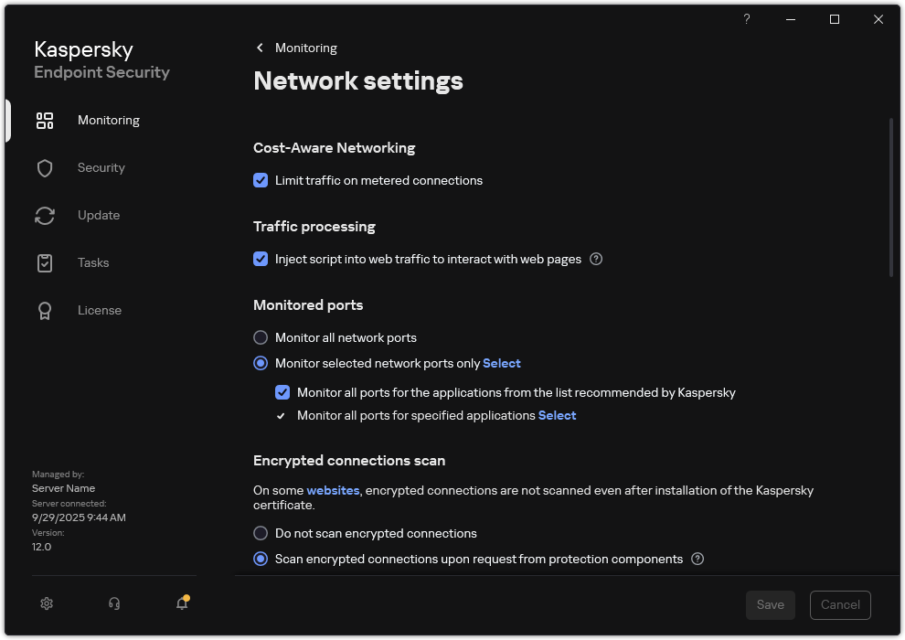 Application network settings window.
