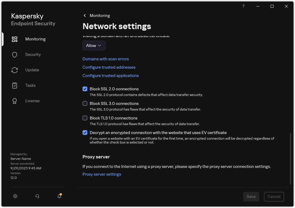 Application network settings window.