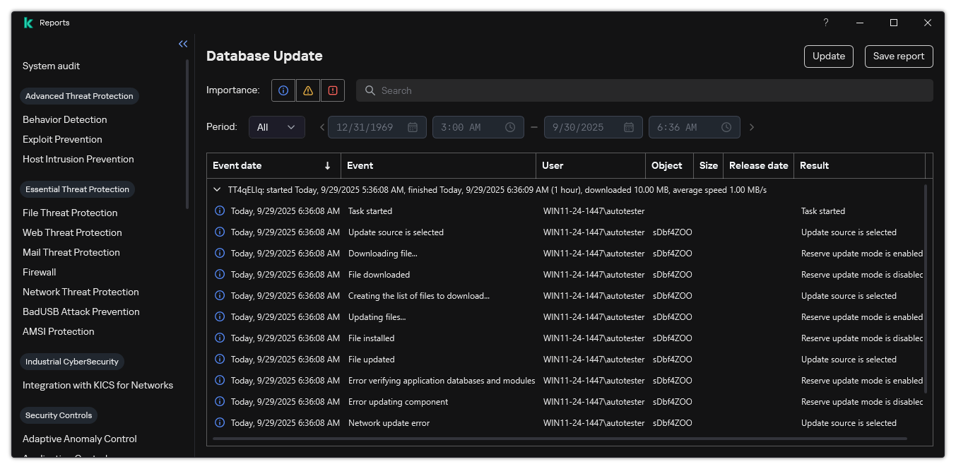 A window with the list of events in the report. The user can filter/sort events and save reports to a file.