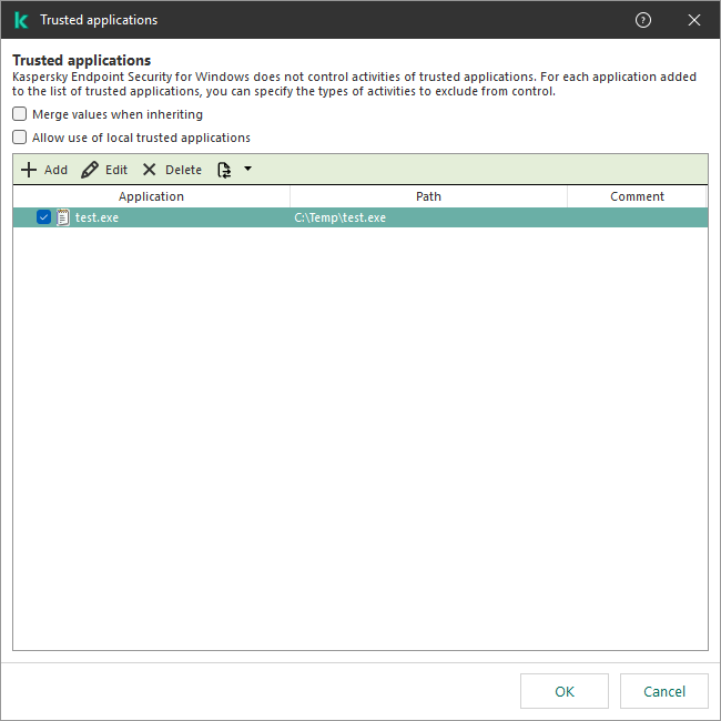 A window with the list of trusted applications. The user can add, edit or remove a trusted application.