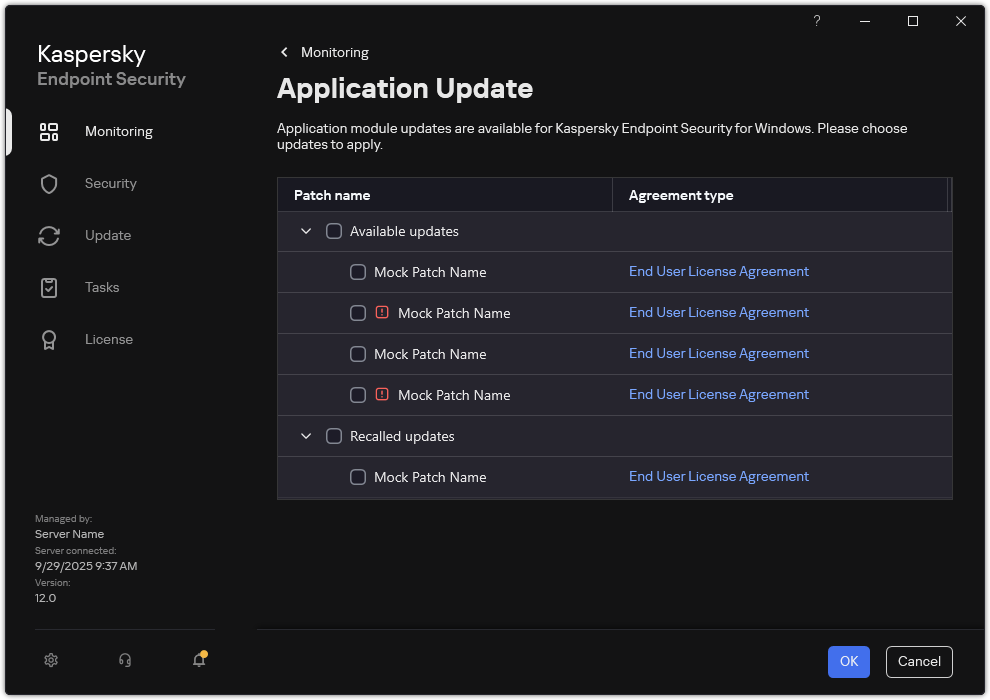 Window with a list of available patches. The user can select patches and accept the terms and conditions of agreements.