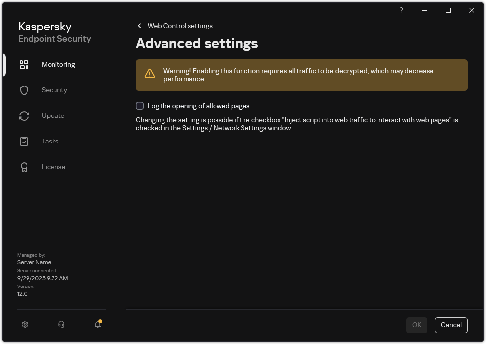 Web Control advanced settings window.