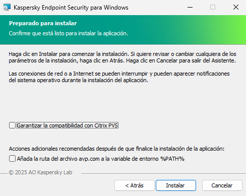 Ventana de configuración de la instalación: protección de la instalación, compatibilidad con Citrix PVS, variable del sistema para avp.com.