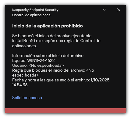 Notificación sobre el inicio de la aplicación bloqueada. El usuario puede crear una solicitud para iniciar la aplicación.