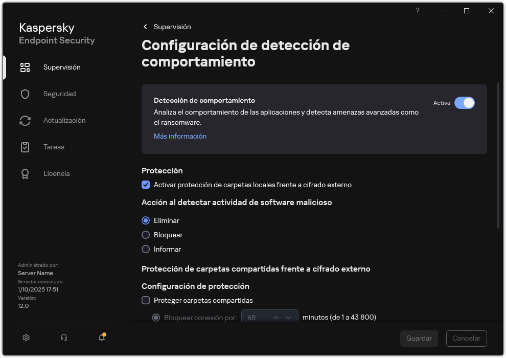 Ventana Configuración de detección de comportamiento.