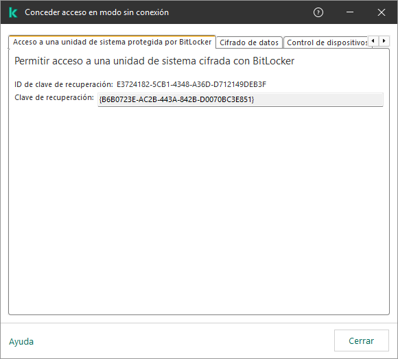 Una ventana con la clave para restaurar el acceso a la unidad del sistema cifrada.