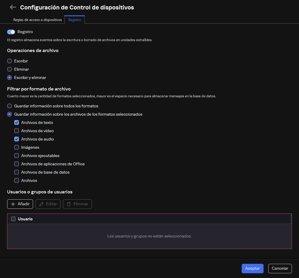 La ventana para configurar el registro de eventos sobre el uso de unidades extraíbles. El usuario puede seleccionar los eventos que se van a registrar.