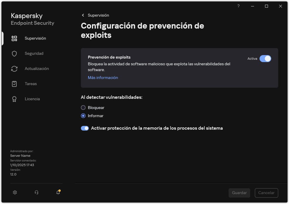 Ventana Configuración de Prevención de exploits